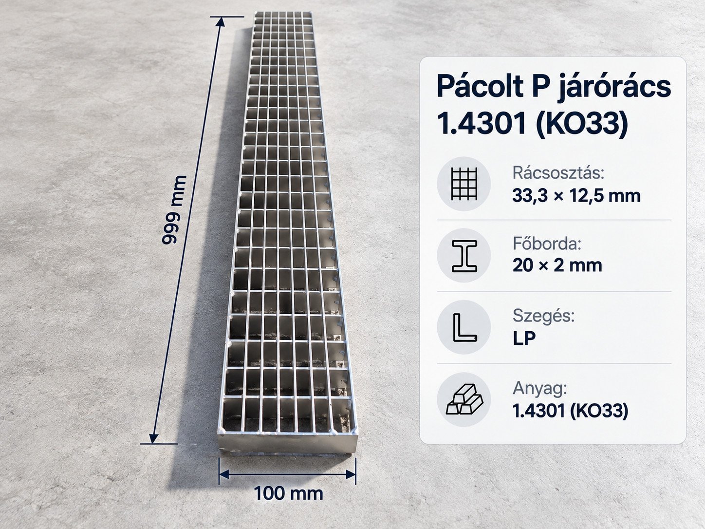 100x1000 1.4301 rozsdamentes pácolt járórács 20x2 mm főbordával 3 100x1000 1.4301 rozsdamentes pácolt járórács 20x2 mm főbordával - Image 3